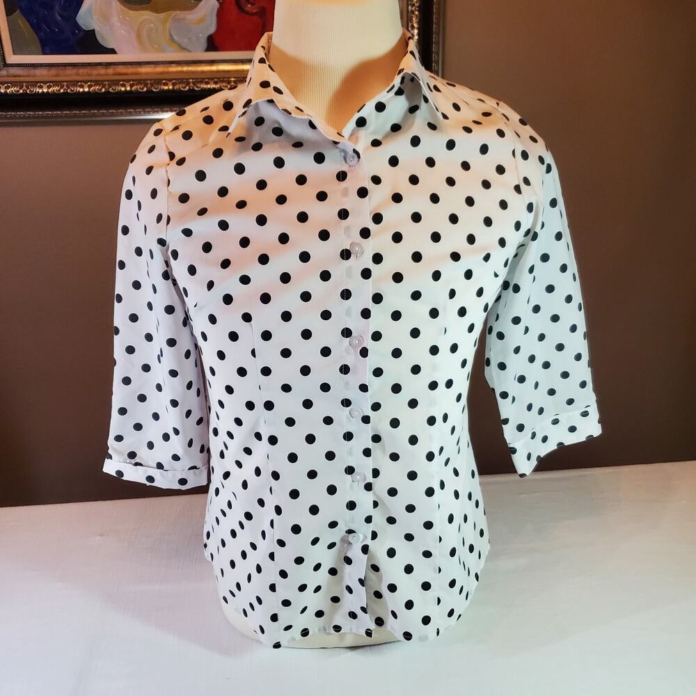 Doublju Womens Medium White Polka Dot Button Down Shirt Long Sleeve Top